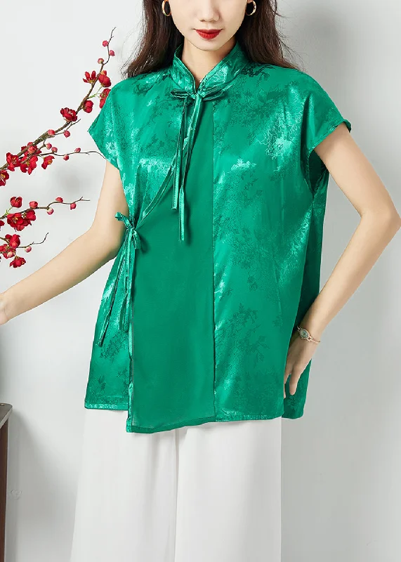Price Rollback Handmade Green Asymmetrical Patchwork Jacquard Silk Oriental Tops Summer LC0398