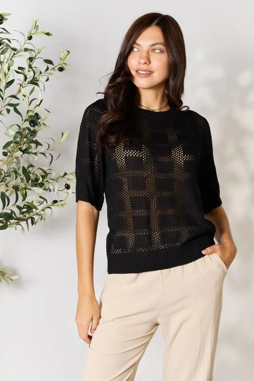 Massive Deals Double Take Ribbed Trim Round Neck Knit Top