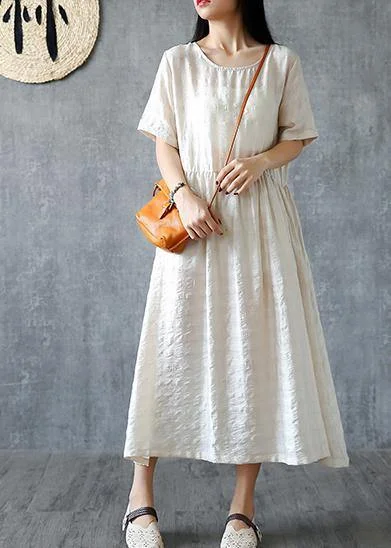 Price Buster summer dressDIY beige linen quilting dresses o neck Cinched Kaftan summer Dresses