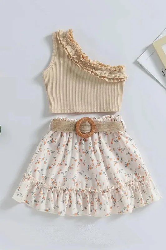 Exclusive Preview Baby Girl Summer Outfit Casual Children Kid One Shoulder Ribbed Tank Tops Elastic Ruffle Floral Skirt with Belt Set
