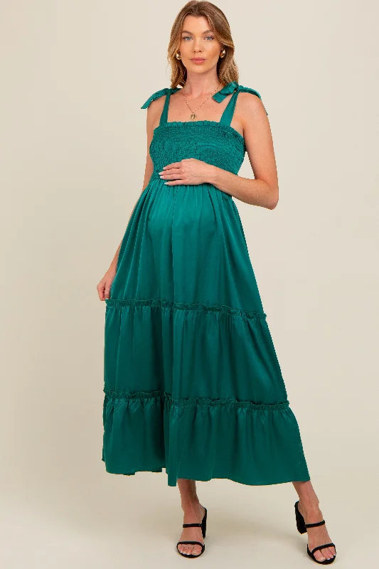 Big Savings summer dressForest Green Satin Smocked Maternity Maxi Dress