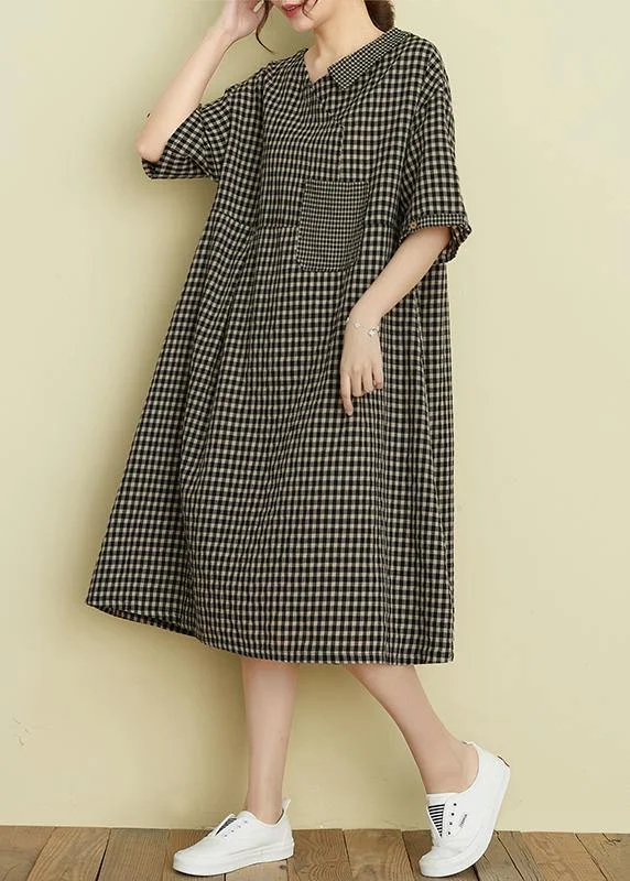 Great Deals flowy maxi dressClassy v neck patchwork linen summer clothes For Women Tutorials black plaid Dress