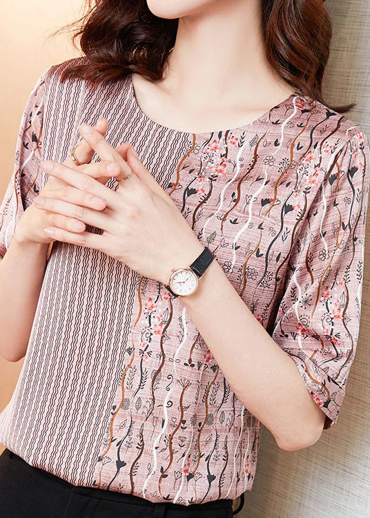 Act Fast Natural Pink O Neck Patchwork Print Silk T Shirt Tops Summer LY0437
