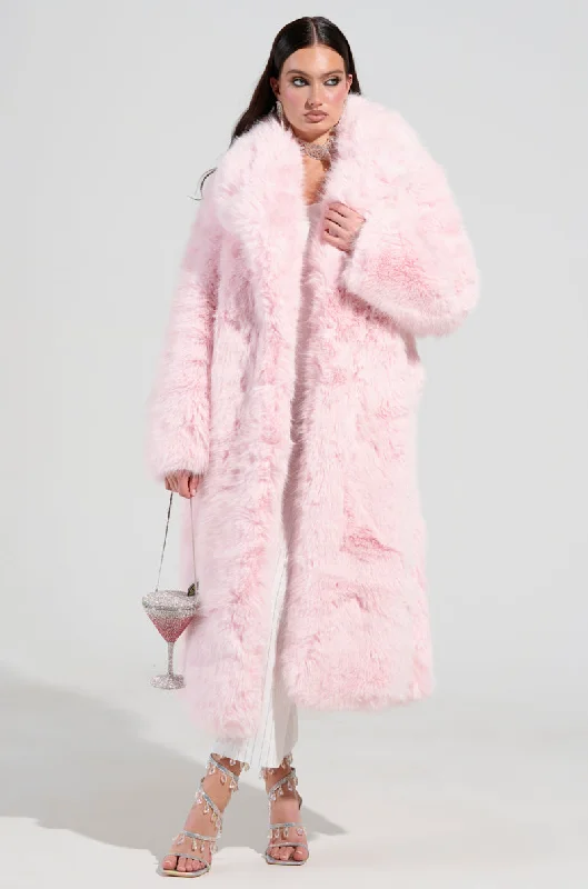 Limited Availability soft coatBEAR HUG LUXE FAUX FUR TRENCH COAT IN PINK