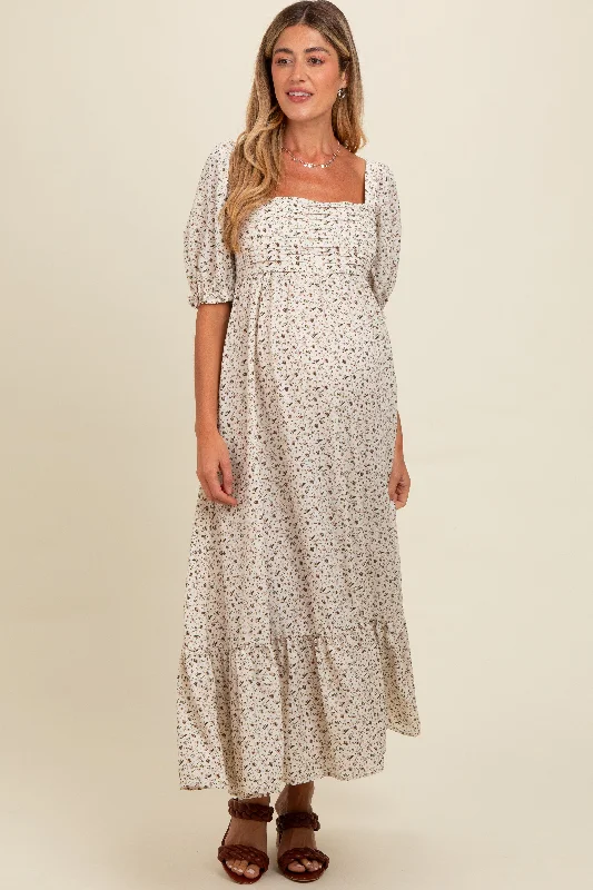 YEAR-End Clearance long-sleeve floral dressIvory Floral Pleated Bodice Maternity Maxi Dress