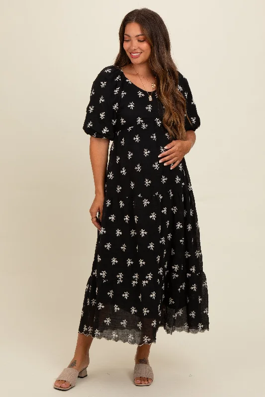 Price Break chic shift dressBlack Floral Puff Sleeve Maternity Midi Dress