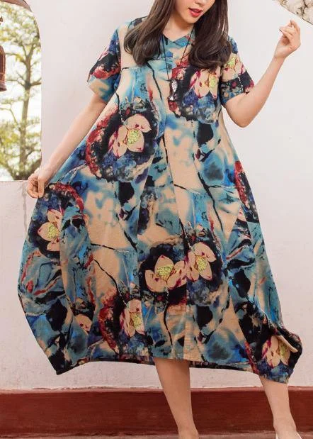 Blowout Sale bohemian dressModern dark blue print v neck asymmetric cotton robes summer Dresses