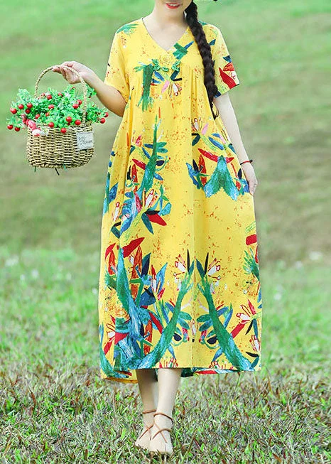 Year-End Sale A-line dressFrench o neck tie waist linen cotton quilting yellow print Dress summer