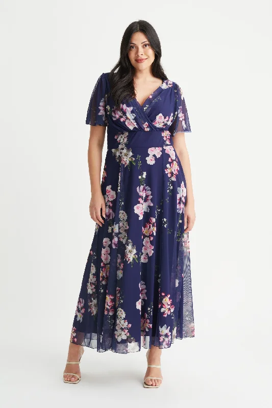YEAR-End Clearance high-waisted dressIsabelle Navy Pink Flower Float Sleeve Maxi Dress