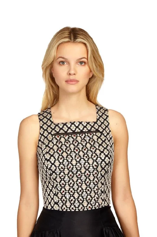 Mega Sale Phoebe Couture Jacquard Beaded Slit Top P281066 - 1 pc Gold/Black in Size 4 Available