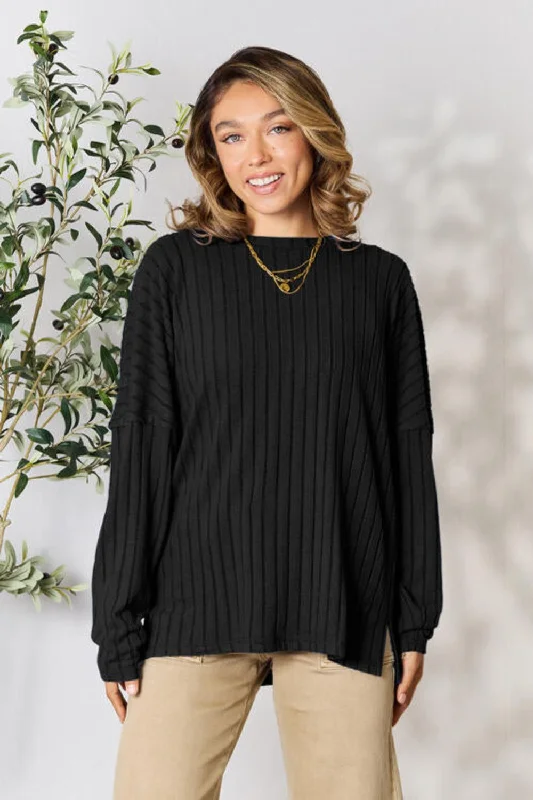 Overstock Basic Bae Full Size Ribbed Round Neck Slit Knit Top