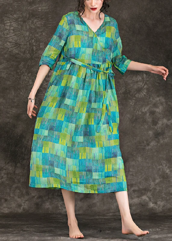 Bonus Savings long-sleeve floral dressLoose green linen clothes Vintage Fabrics v neck tie waist linen robes Summer Dress