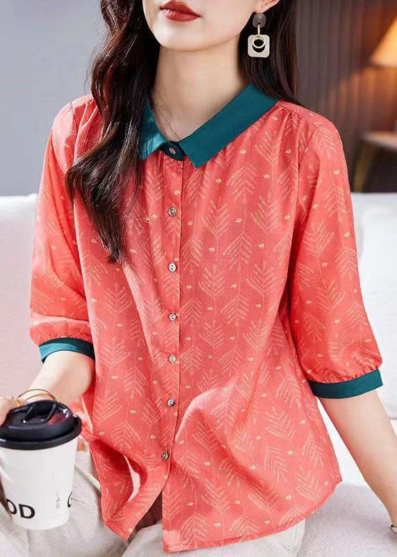 Special Price Vintage Red Peter Pan Collar Print Patchwork Linen Shirts Top Summer TP1037