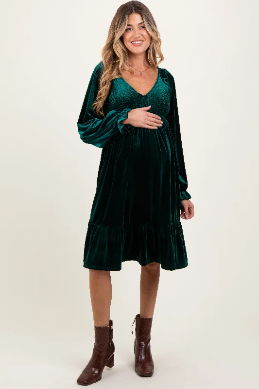 Major Savings chic dressForest Green Velvet Smocked Maternity Long Sleeve Dress