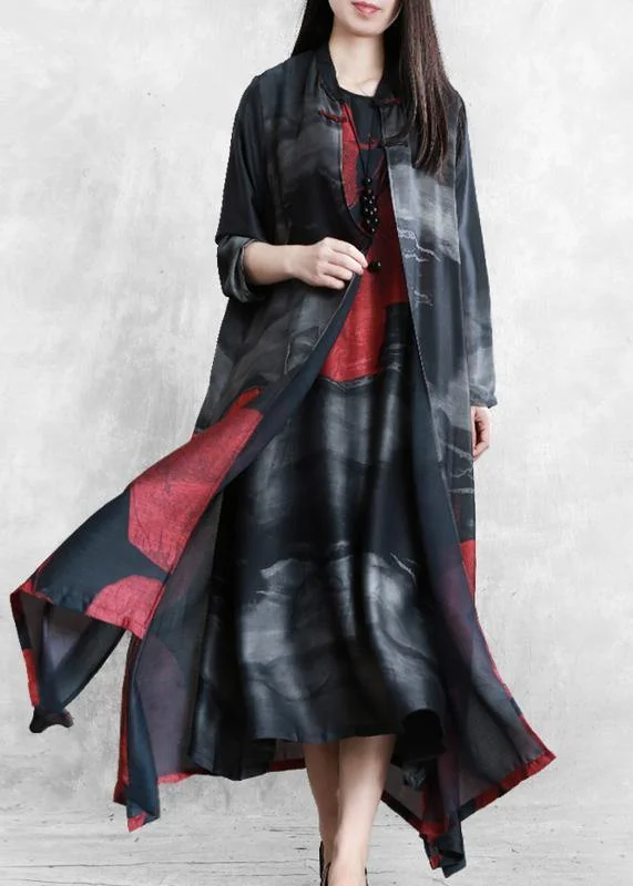 Online Specials stylish dressOrganic black print Fashion crane dress Sewing stand Chinese Button  cardigan