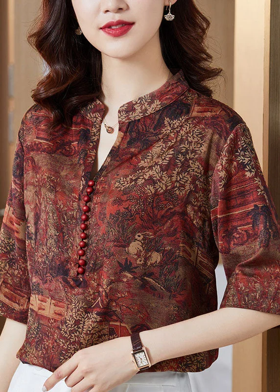 Today's Special Red Patchwork Print Silk Top Button Stand Collar Summer LY0436