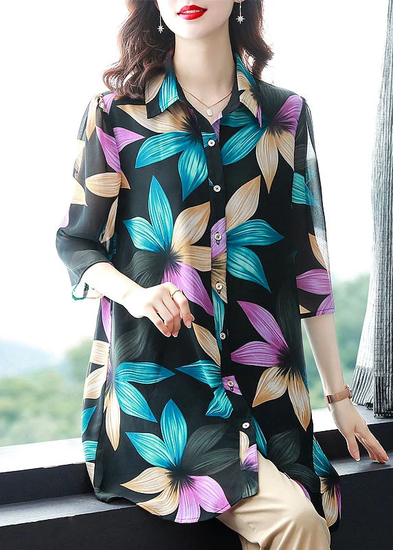 New Markdowns Unique Floral Peter Pan Collar Patchwork Chiffon Shirt Tops Summer TF1028