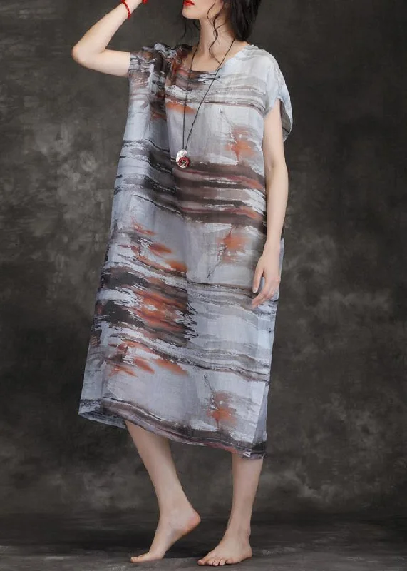 Shop and Save statement dressLoose o neck short sleeve pockets linen Robes gray print Dresses summer