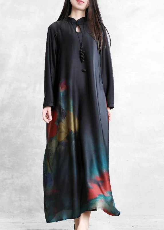New Arrival ruched dressDIY black print Robes stand collar Chinese Button Dress