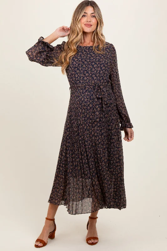 Last Chance velvet dressNavy Blue Floral Front Tie Pleated Maternity Midi Dress