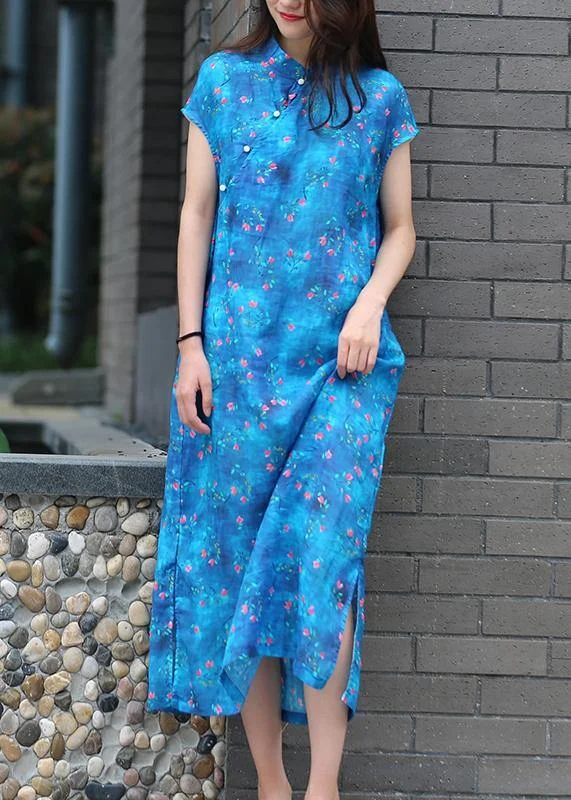 Super Bargain backless dressOrganic blue print linen clothes For Women stand collar side open Kaftan Dresses