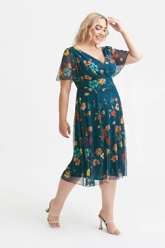 Limited Edition printed dressVictoria Teal Rust Blue Angel Sleeve Mesh Midi Dress