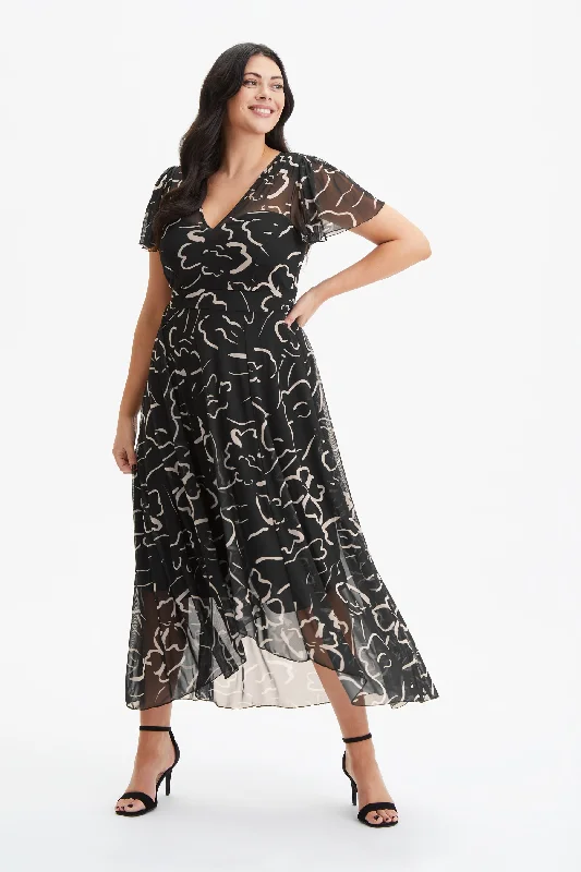 Price Meltdown satin dressTilly Black Ecru Print Angel Sleeve Sweetheart Dress