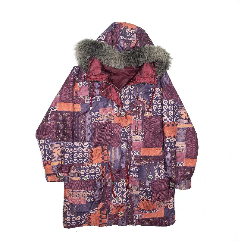 Hurry In stylish lightweight coatFaux Fur Trim Parka Jacket Red 90s Crazy Pattern Womens S