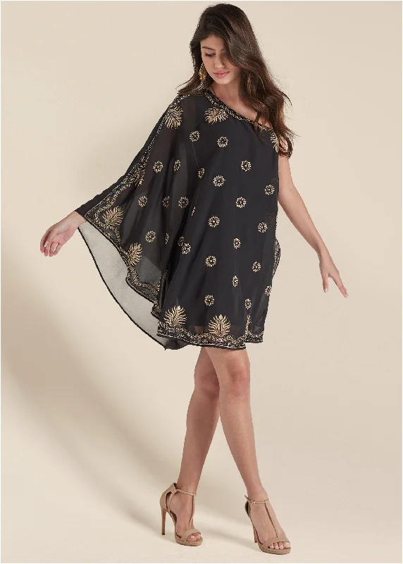Customer Appreciation Sale casual day dressOne-Shoulder Beaded Dress - Black & Gold
