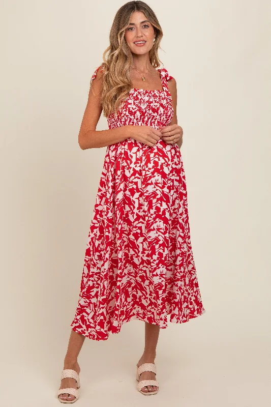 Today’s Deal trendy mini dressRed Printed Smocked Shoulder Tie Maternity Midi Dress