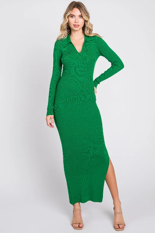 Early Bird Discount modern dressGreen Rib Knit Collared Maxi Dress