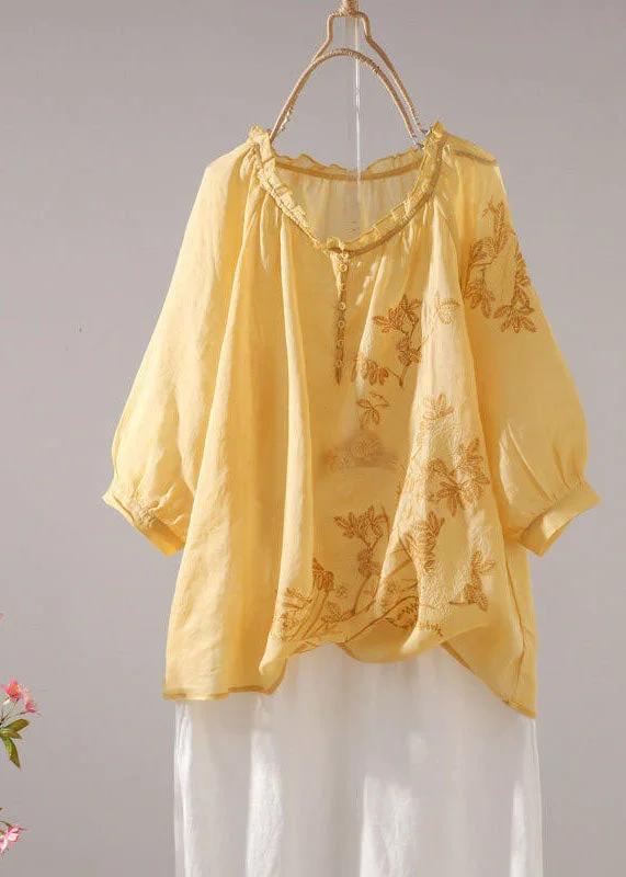 Flash Deals Elegant Yellow Ruffled Patchwork Linen T Shirt Tops Summer LY0615