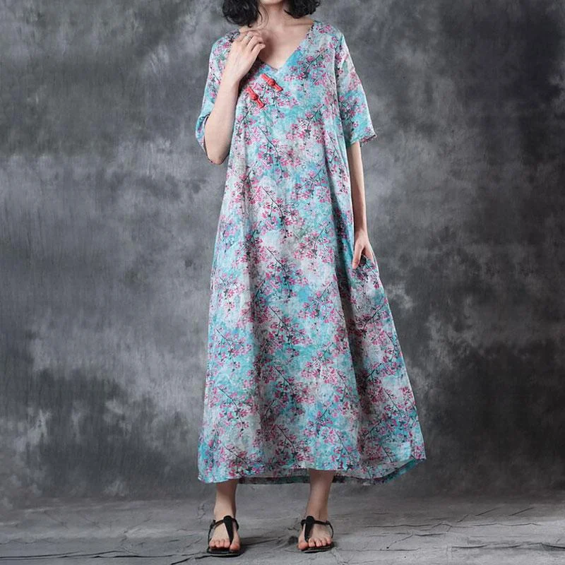 Price Reduction chic slip dressNew linen summer dress Loose fitting Retro V Neck Short Sleeve Printed Ramie Dress