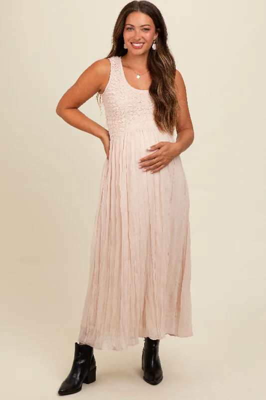 New Deals flowy evening dressCream Textured Smocked Bodice Sleeveless Maternity Maxi Dress