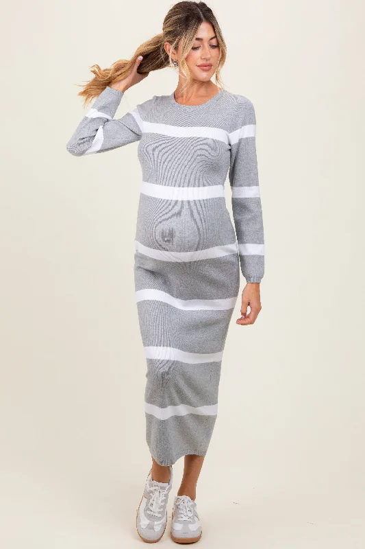 Super Sale oversized dressHeather Grey Striped Knit Long Sleeve Maternity Midi Sweater Dress