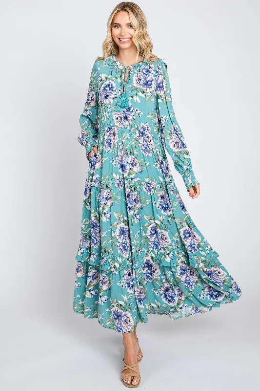 Deep Discounts v-neck dressJade Floral Smocked Ruffle Neck Maxi Dress