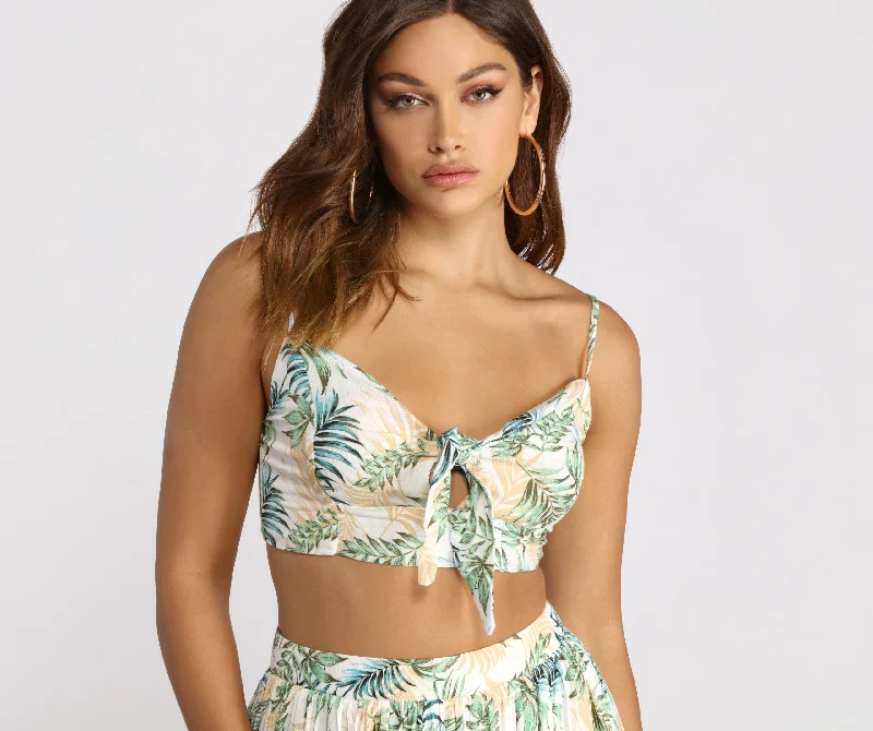 Today's Special Tropical Babe Tie Front Gauze Crop Top