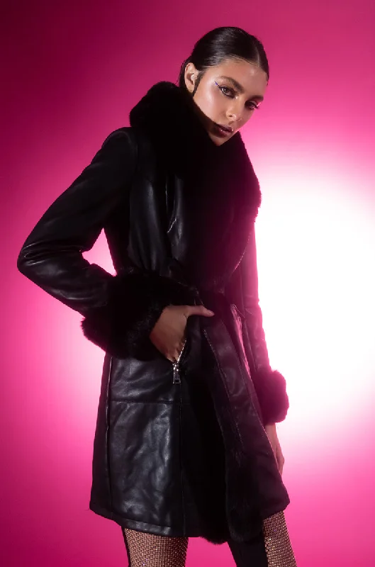 Sale Event outdoor adventure coatGRAM GIRL PU DRESSY COAT WITH FAUX FUR COLLAR AND WRISTS