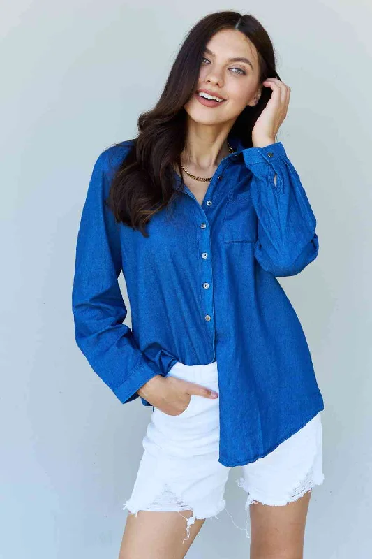 Super Bargain Doublju Blue Jean Baby Denim Button Down Shirt Top in Dark Blue