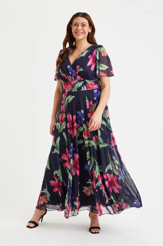 Savings Bonanza backless dressIsabelle Navy Pink Blue Float Sleeve Maxi Dress
