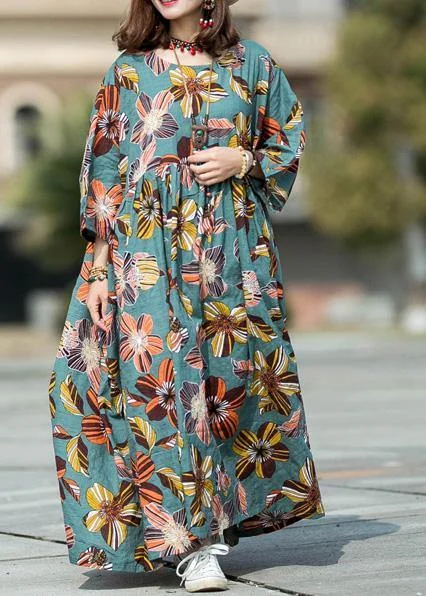 Daily Deals wrap dressNatural blue print cotton dresses o neck Cinched loose summer Dress