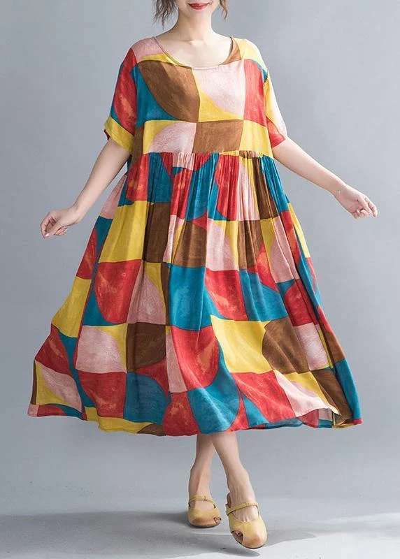 Great Bargains comfy dressClassy multicolor plaid cotton clothes Women o neck Cinched Kaftan summer Dress
