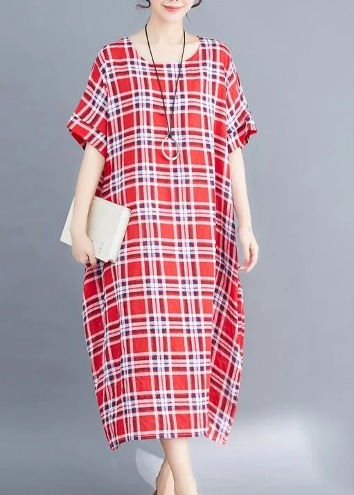 Special Savings structured dressNatural o neck cotton clothes For Women Fabrics red plaid Maxi Dress summer