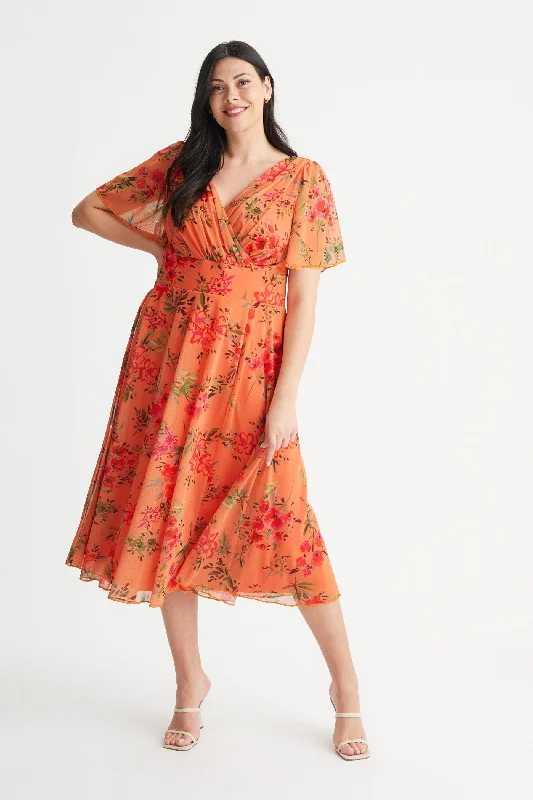 Bargain Bin stylish party dressVictoria Orange Floral Angel Sleeve Mesh Midi Dress