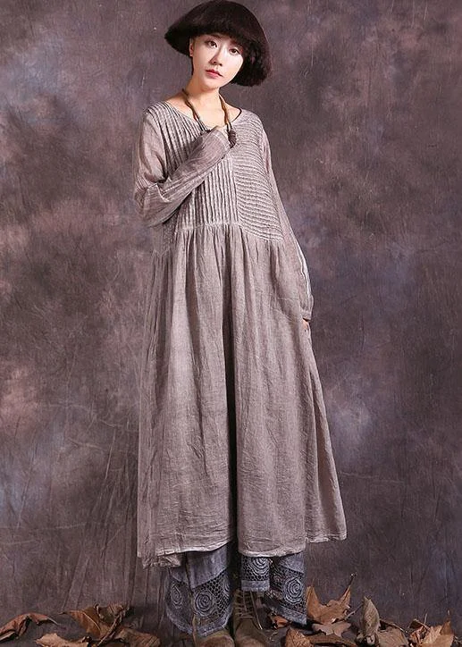 Super Deal vintage-inspired dressHandmade khaki Cinched cotton linen quilting clothes long sleeve long summer Dress