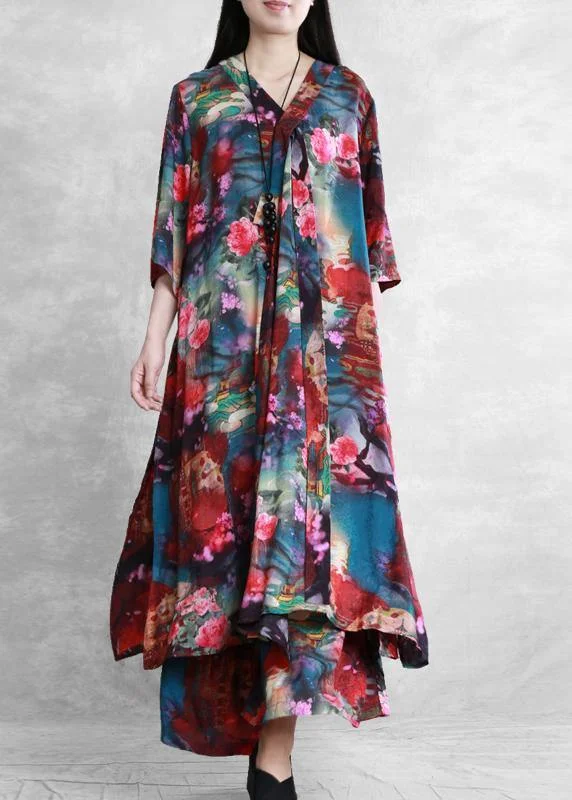 Extra Discounts satin dressEthnic style suit summer novel literary print loose two-piece