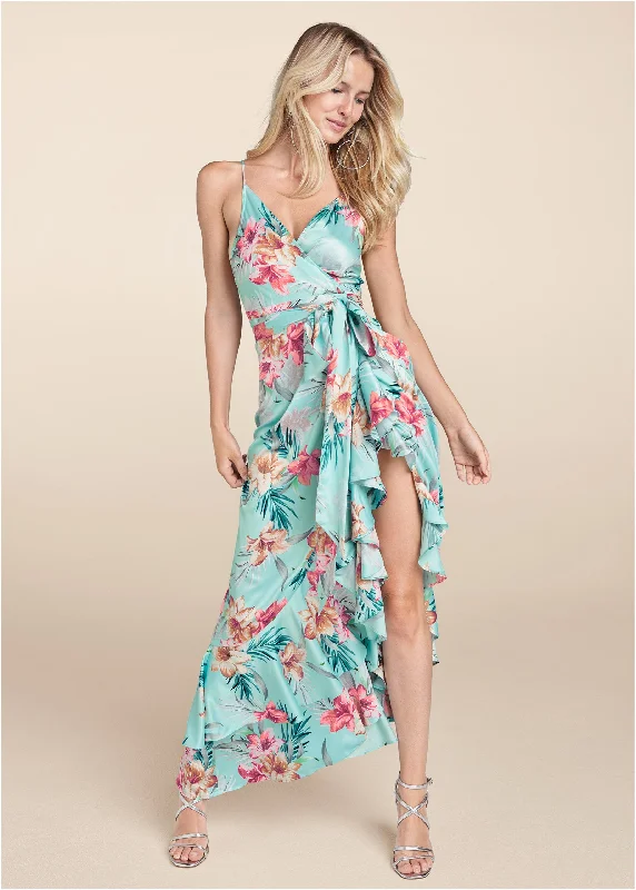 Price Smash lace dressFloral Print Wrap Dress - Aqua Multi