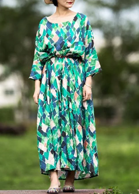 Bargain Prices fitted cocktail dressHandmade multicolor Plaid cotton clothes o neck tie waist Maxi summer Dresses