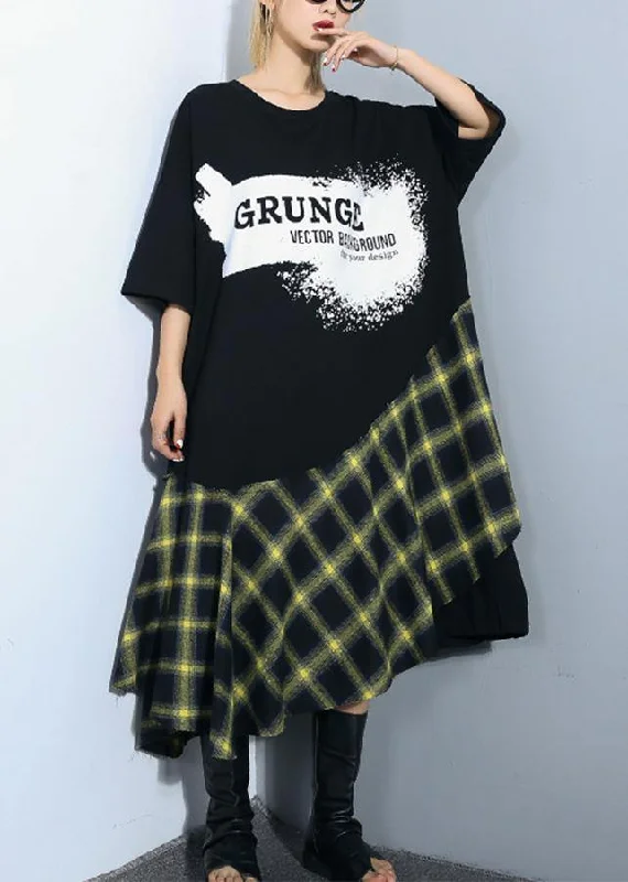 Act Fast cocktail dressItalian black alphabet prints cotton tunic pattern patchwork plaid Maxi summer Dress