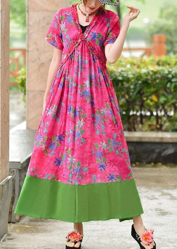 Time-Limited Offer knit dressItalian v neck patchwork cotton Wardrobes rose print cotton robes Dress summer